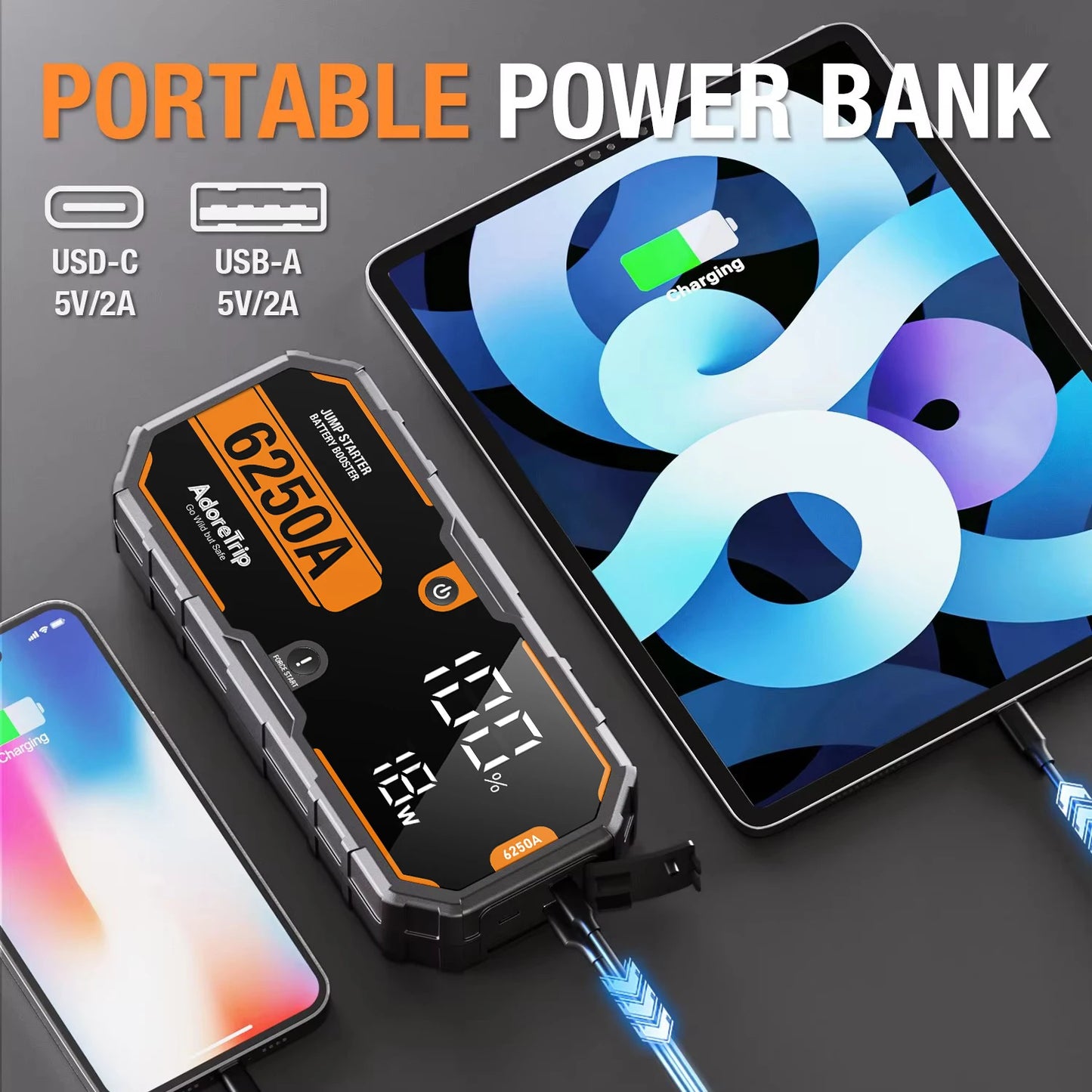 Car 6250A Portable 12V  Jump Starter Power Bank 12V Auto Battery Charger Booster Starting Device For 10.0L GAS/6.5L DIESEL