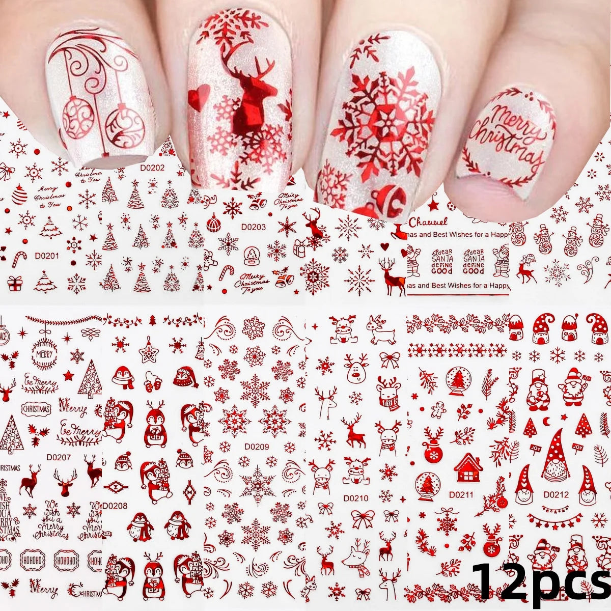 12pcs 3D Snowflake Nail Stickers Red Christmas Designs Nail Art Decals Geometric Lines New Year Winter Gel Foils Sliders Decors*