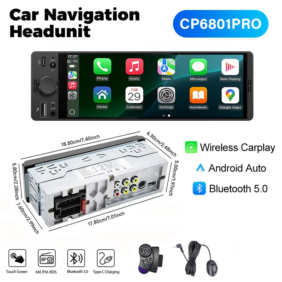 6.86" 1-DIN Universal Car Stereo — Wireless CarPlay, Android Auto, Bluetooth, USB/AUX