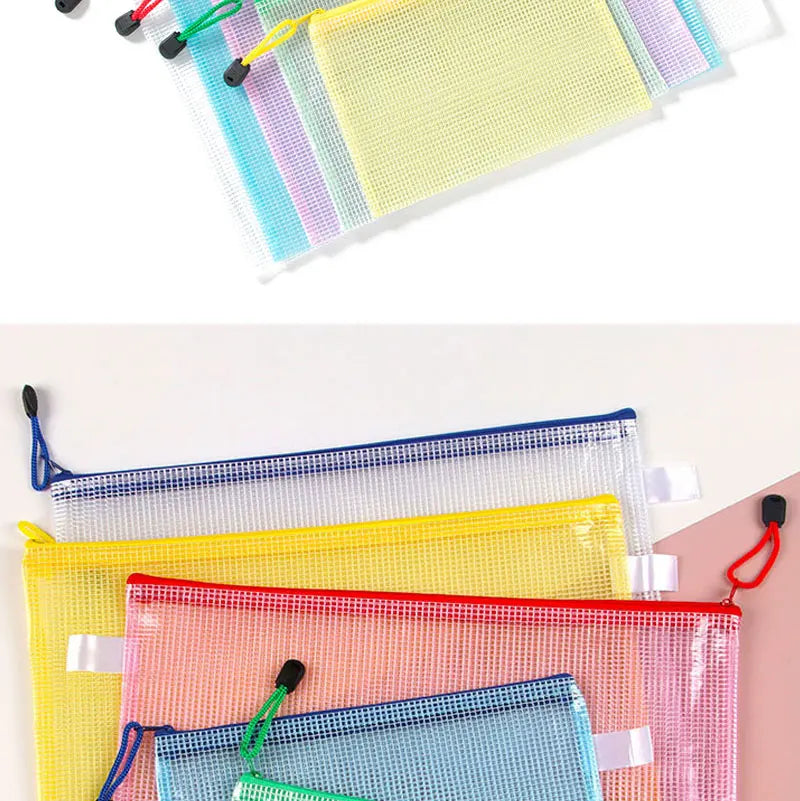 10PCS Stationery Storage Folder File Mesh Zipper Pouch Document Bag Office and Educational Supplies Storage Students Stationery