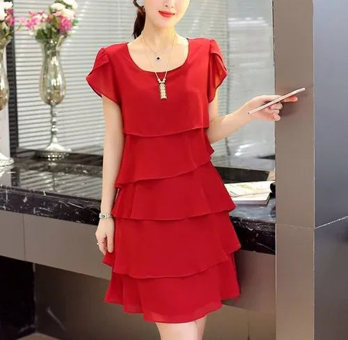 Women's Ruffle Chiffon Mini Dress — Sweet Solid Short-Sleeve O-Neck Dress