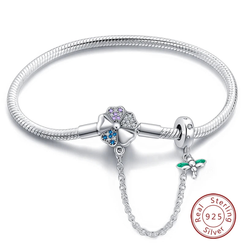 925 Sterling Silver Charm Bracelet – Star Moon Sun Four Leaf Clover Zircon | DIY Birthday Gift for Women (17-20cm)