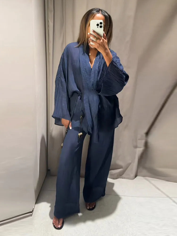 V-Neck Lace-Up Shirt & Wide-Leg Trousers Set — 2-Piece