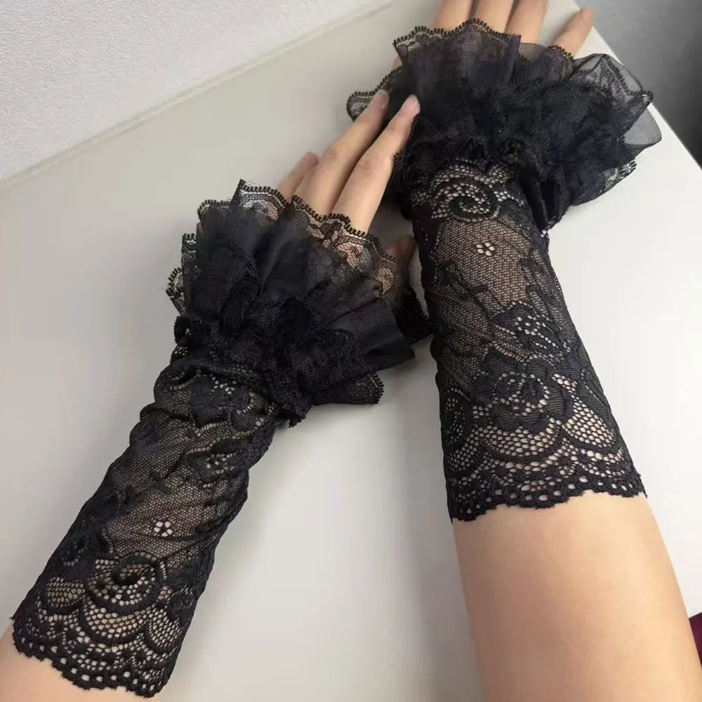 1 Pair Women Lolita Jk Lace Fingerless Gloves Black Gothic Fake Sleeves Trendy Elastic Long Lace Arm Sleeves Clothes Decoration