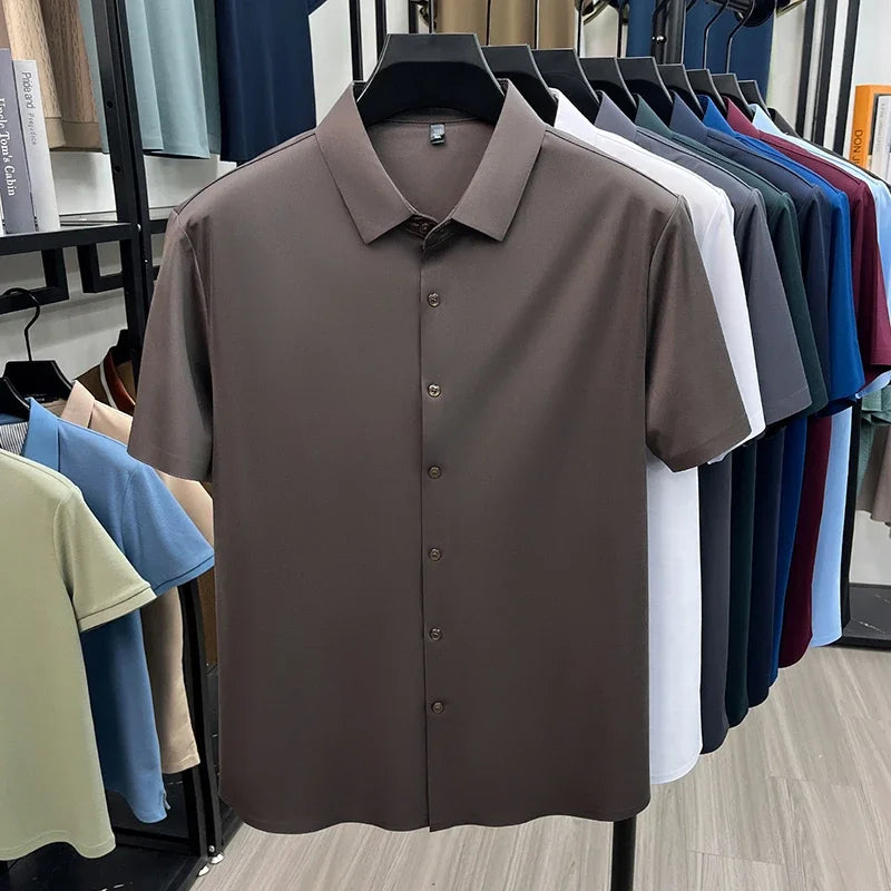 Men's Ice-Silk Dress Shirt - Short Sleeve, Wrinkle-Free Commute