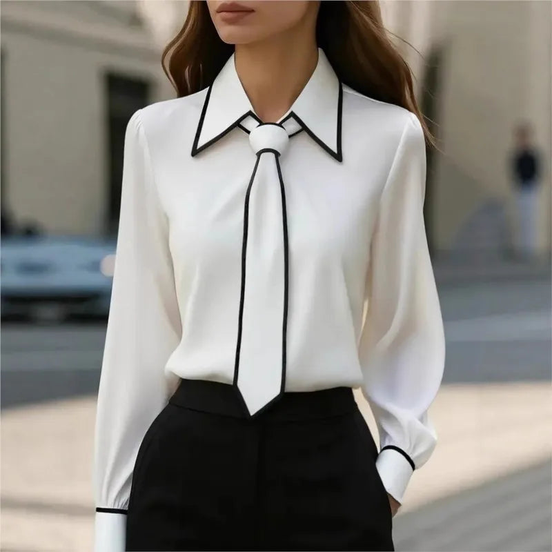 Women's Bow Tie Office Blouse - Long Sleeve Contrast Trim Shirt