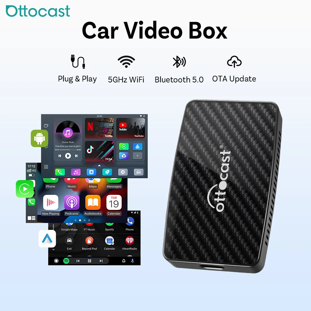 Ottocast Play2Video PRO Ai Box Carplay Android Auto Adapter 2026 New Video Box for Youtube Netflix IPTV Applicable 98% Car