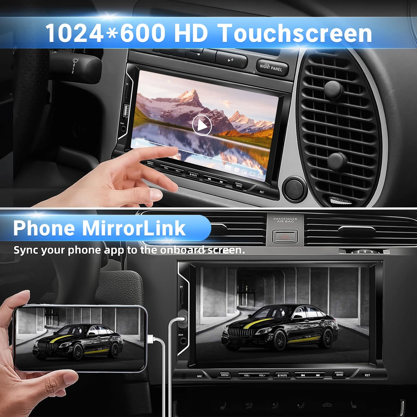 7" 2-DIN Car Stereo with Backup Camera — CarPlay, Android Auto, Bluetooth, Mirror Link, FM/AUX