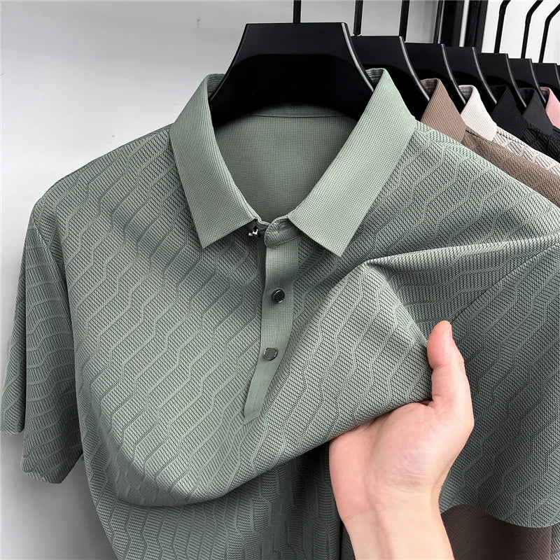 Men's Hollow-Mesh Polo - Wave Pattern, Slim Elastic Business Fit