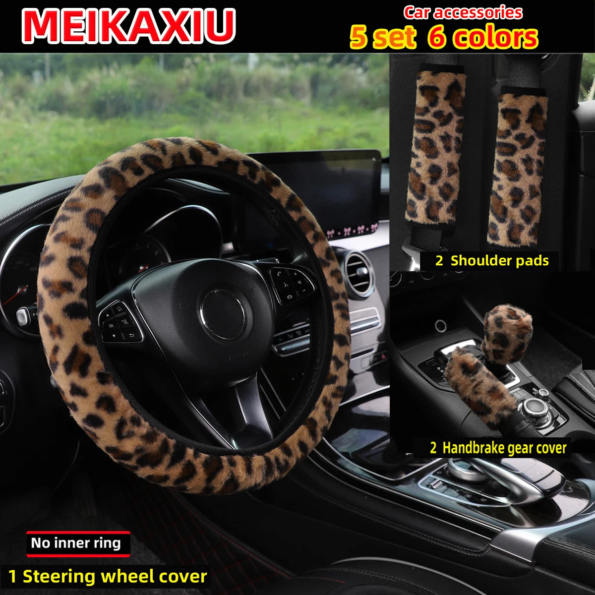 5 set fur leopard print car without inner ring steering wheel cover shoulder cover gear shift cover car decoration for women