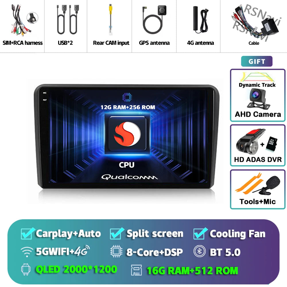 Android 16 Carplay Auto GPS Navigation For Audi A3 8P 2003 - 2013 Radio Multimedia Player 2Din Head Unit Video Stereo Car Radio
