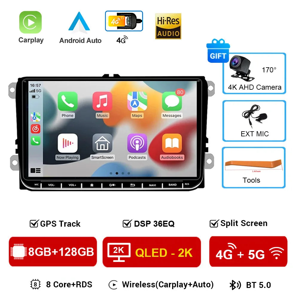 2 Din Android 16 Car Radio 9'' GPS With Carplay For VW/Volkswagen Passat Golf MK5 MK6 Jetta EOS POLO Touran Seat Sharan