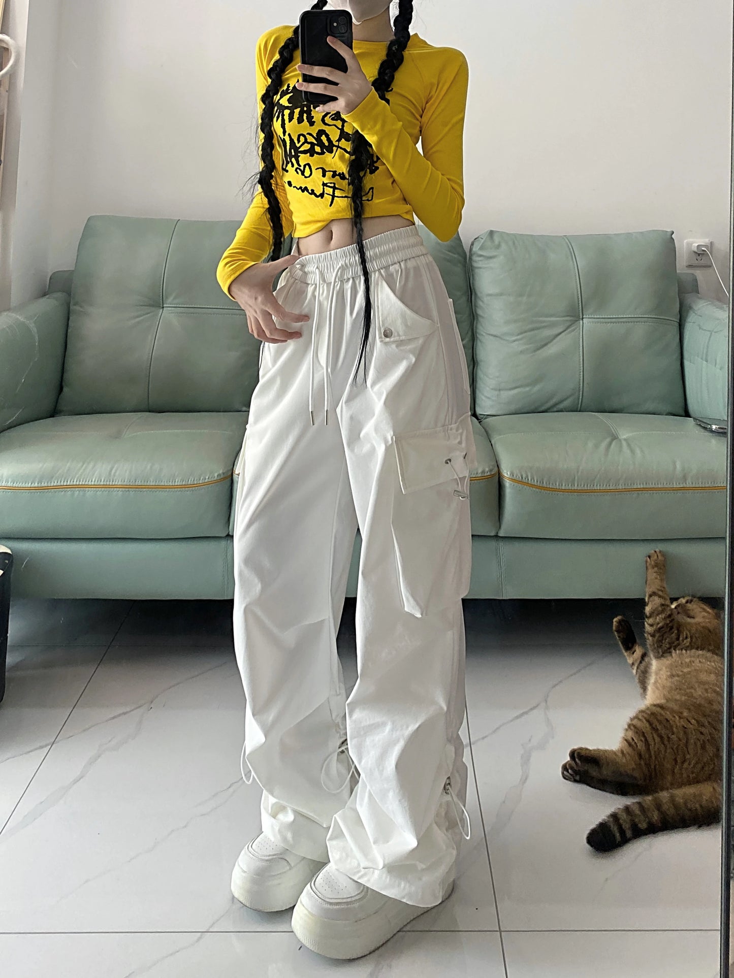 2024 American style large pocket cargo pants women's spring summer new style wide leg pants loose slimming casual sports pants