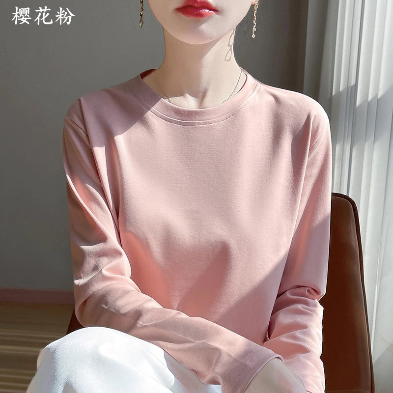 Spring And Summer New Mercerized Cotton Long Sleeve T-shirt Women's Round Neck Loose 100% Cotton Bottoming T-shirt