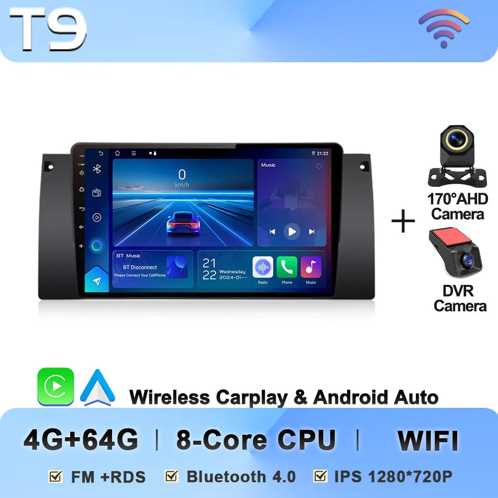 Android Car Stereo for BMW 5 Series E39 & X5 E53 (1995–2003) — Wireless CarPlay, Android Auto, 5G WiFi
