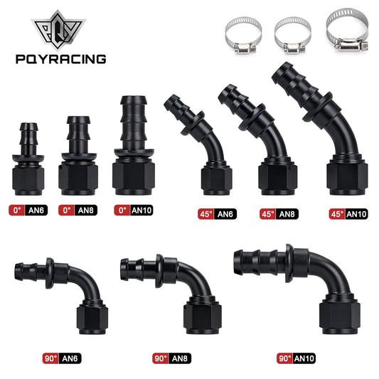 Universal AN6, AN8 & AN10 Push-On Hose End Fittings, Reusable 0/45/90/180 Degree
