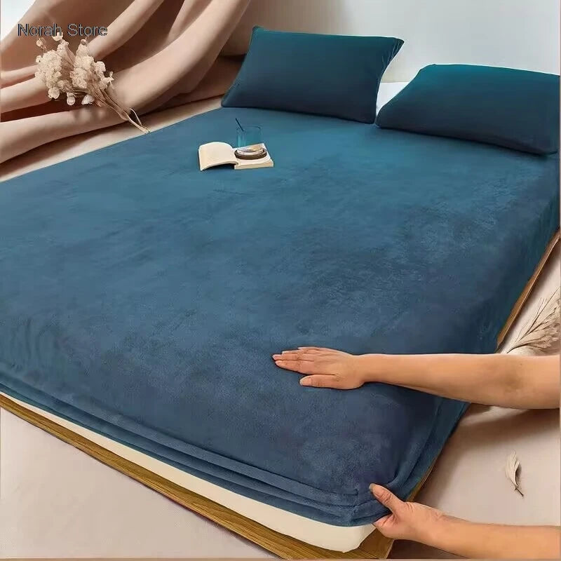 Soft warm plush fitted sheet elastic mattress cover fluffy coral fleece bed linen winter couple luxury double bed bedding﻿﻿