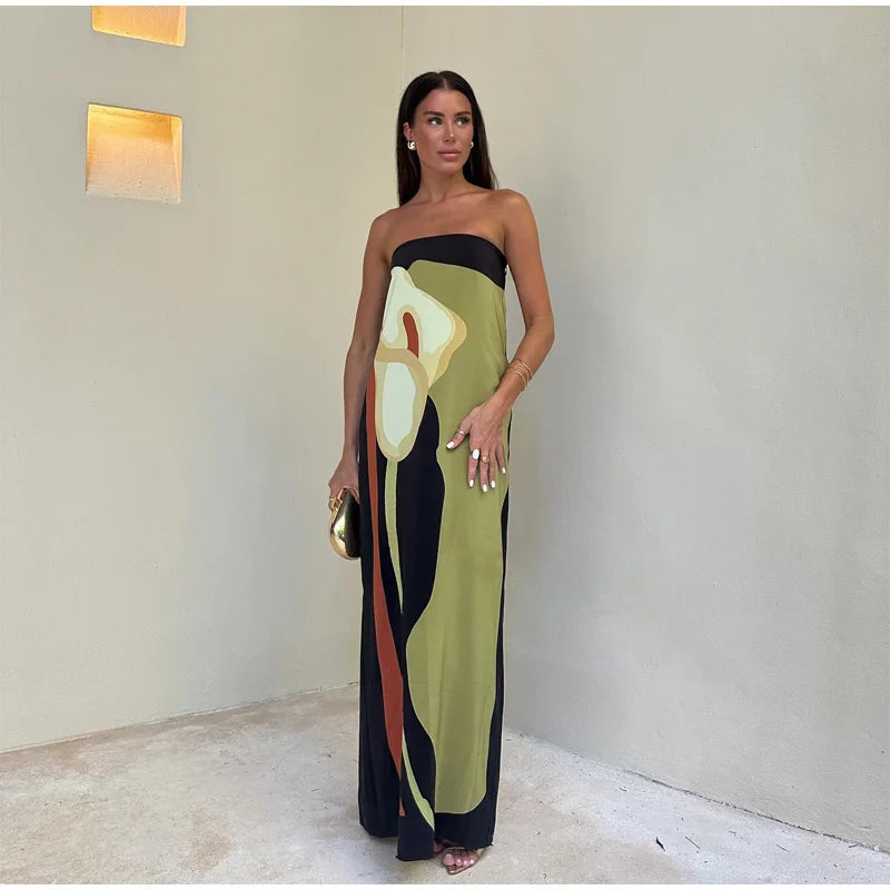 2026 Summer Women Strapless Backless Flower Printed Long Dress Women Sleeveless Off Shoulder Vestidos Plus Size S-3XL Streetwear