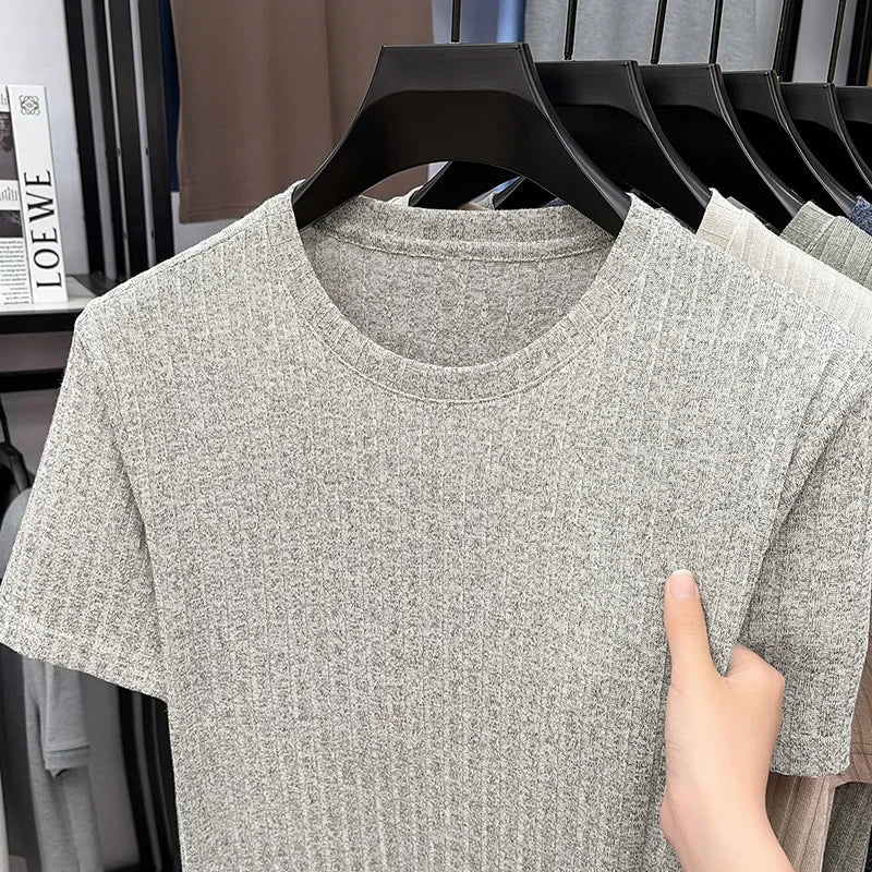 Men's Vertical Ribbed Tee - Crew Neck, Soft Elastic Daily Fabric