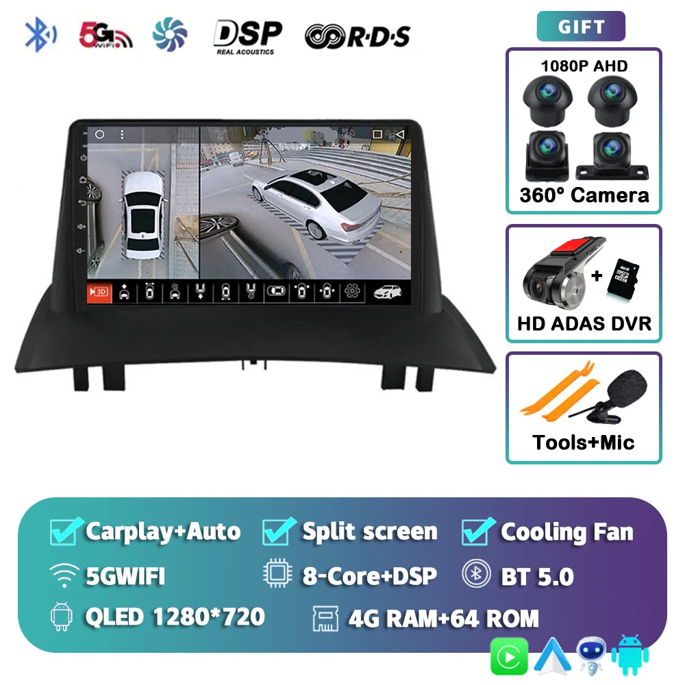 Android 16 For Renault Megane 2 2002-2009 2K QLED Android Car Radio Multimedia Video Player GPS Stereo CarPlay 4G Navigationv BT
