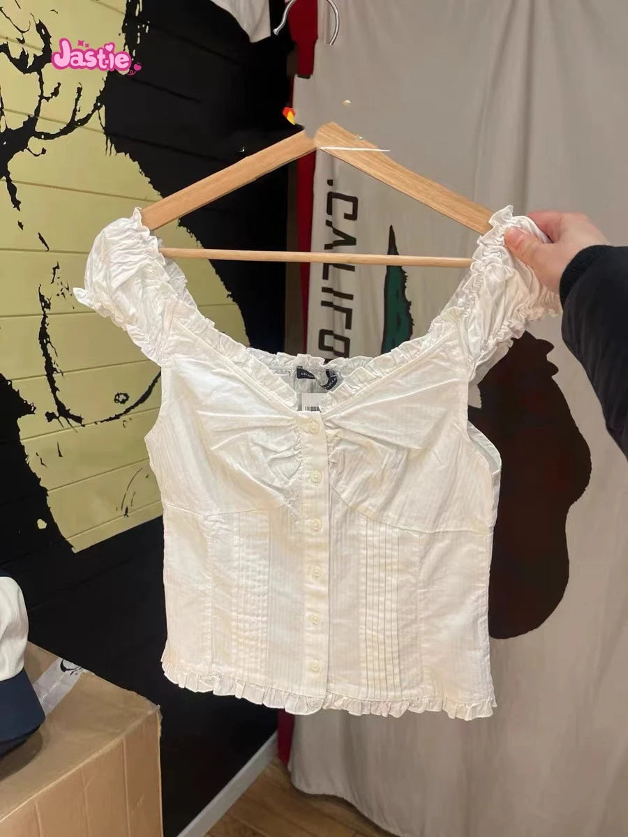 White Lace Tied Square Neck Summer T-shirts Chic Elegant Short Sleeve Tee Cotton Y2K Street Casual Bow Tie-up Top Women