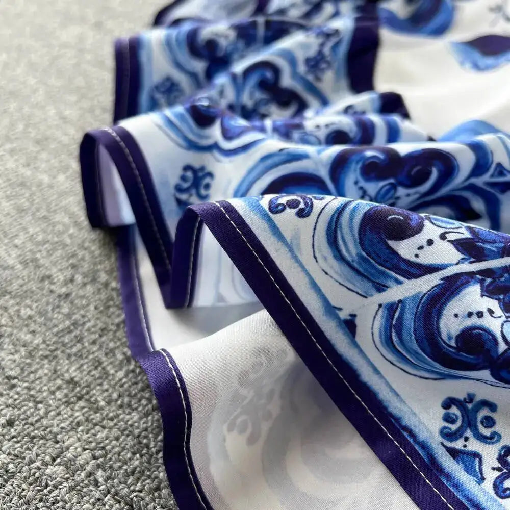 Summer Long Dress Women Runway Blue And White Porcelain Asymmetry Sexy Off The Shoulder Ruffles Hem Loose Robe Maxi Vestidos
