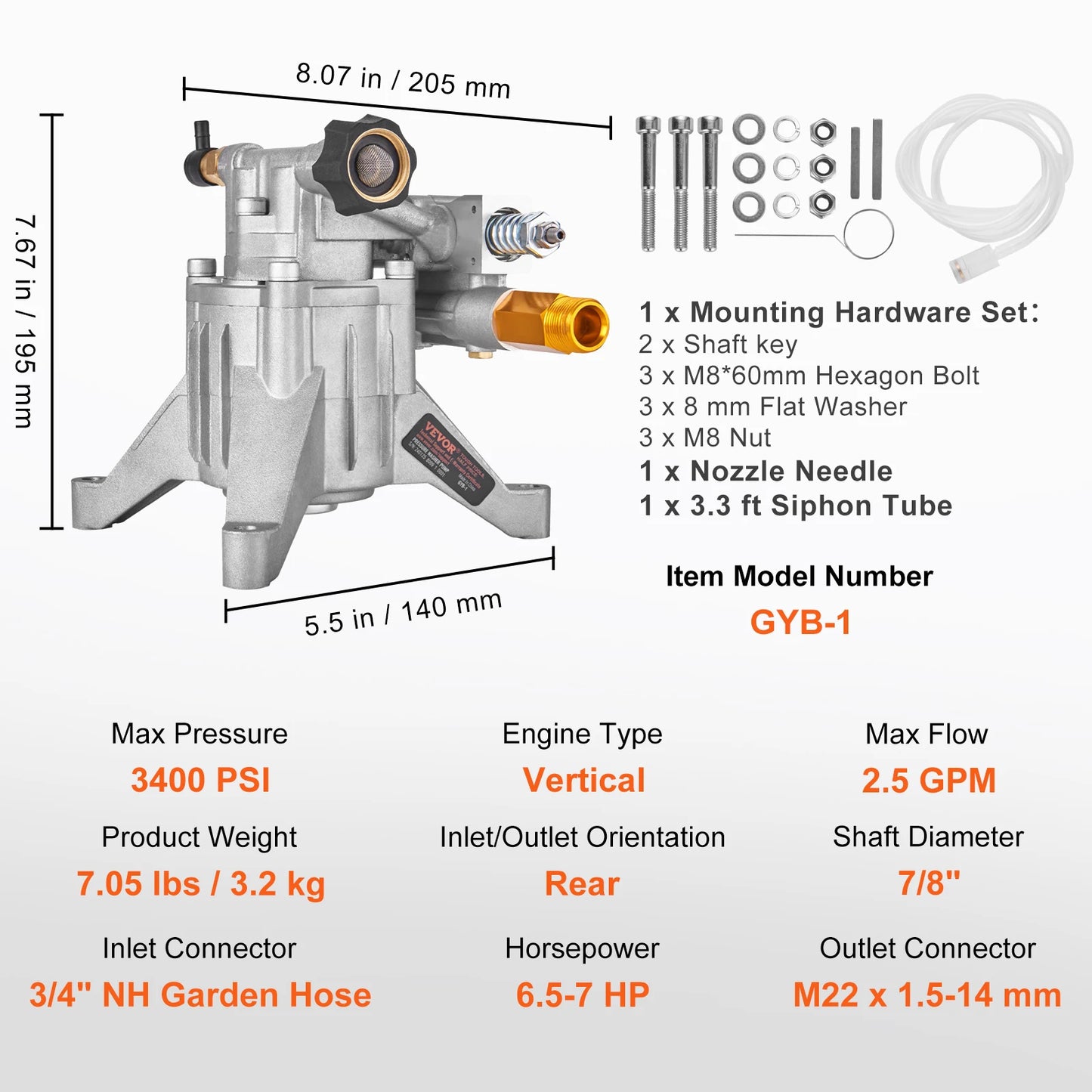 SucceBuy Pressure Washer Pump 7/8" Shaft Vertical 3400PSI 2.5GPM Replacement Power Washer Pumps Compatible with Honda, Simpson