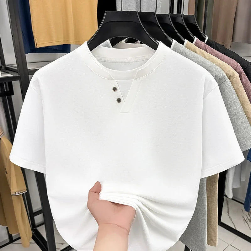 Men's Henley T-Shirt - Short Sleeve Button Detail, Layered Look