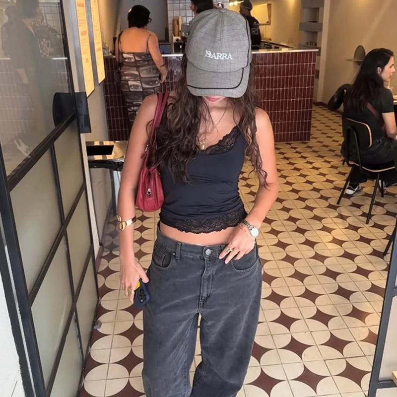 Dulzura Square Collar Backless Slim Lace Ruffles Patchwork Tank Top Women'S Fashion Sexy Y2K Top Party Vacation Summer Clothes