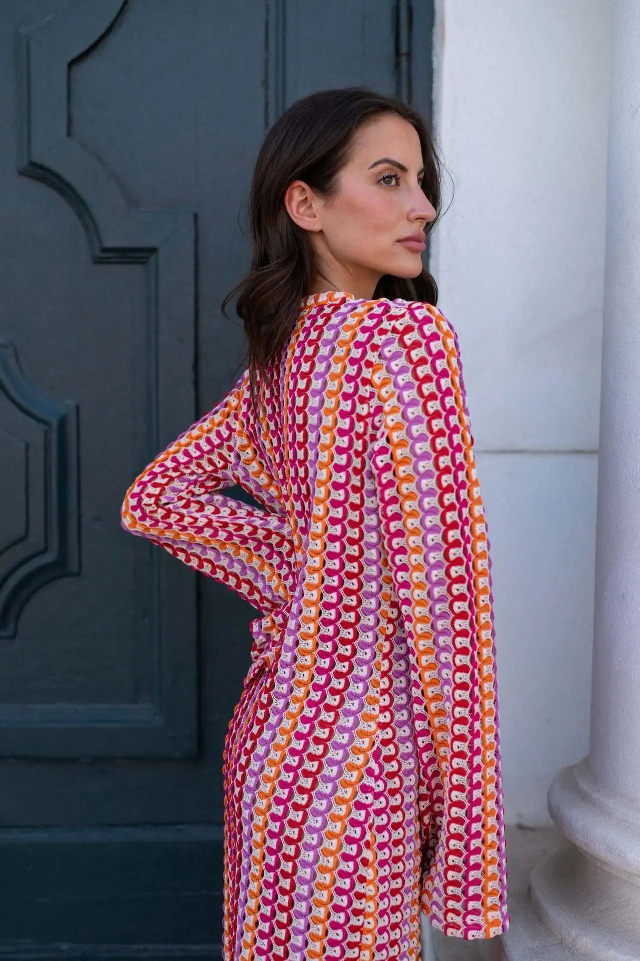 Crochet Colorful Stripe Flare Sleeve Maxi Dress Women V-neck High Split Sexy Lace Long Dresses 2026 New Beach Banquet Vestidos
