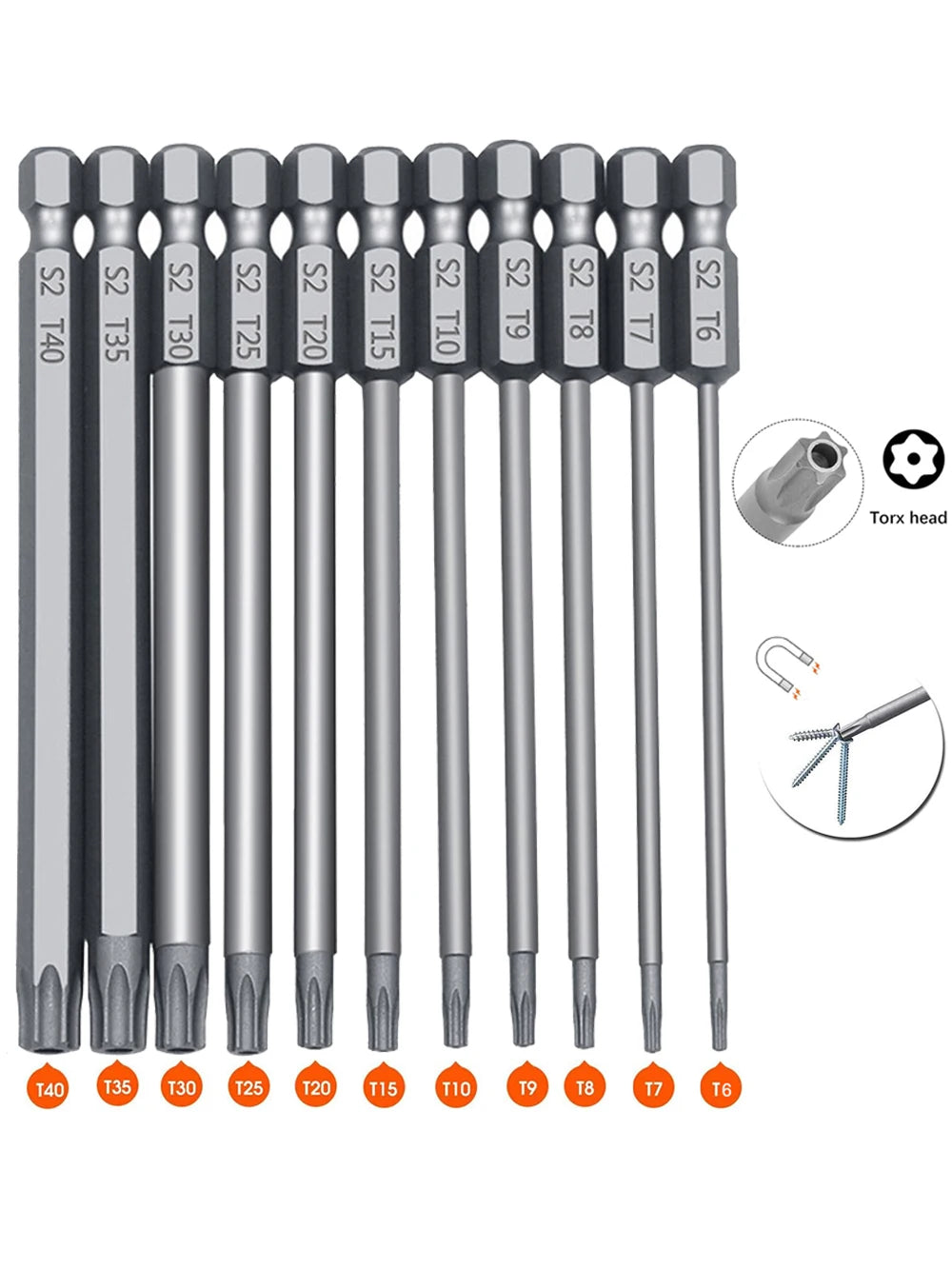 11 PCS  Torx Security Bit Set S2 Steel Magnetic Security Screwdriver Set 50/100mm Star Screwdriver Set for Shark Vacuum T6-T40