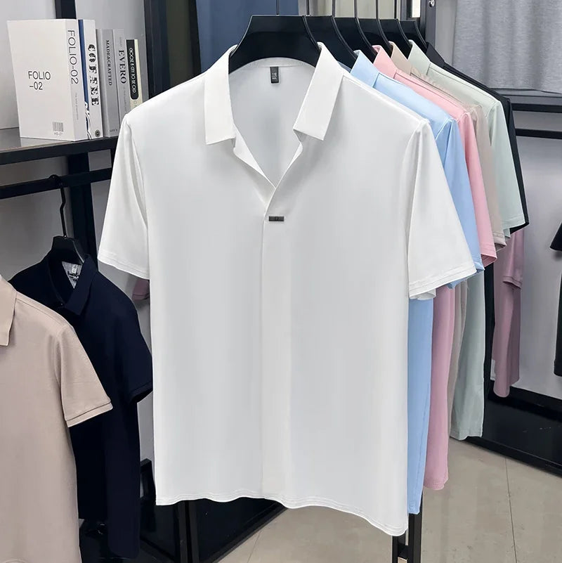 Men's Silky Lapel Polo - Cool-Touch Seamless, Metal-Button Placket