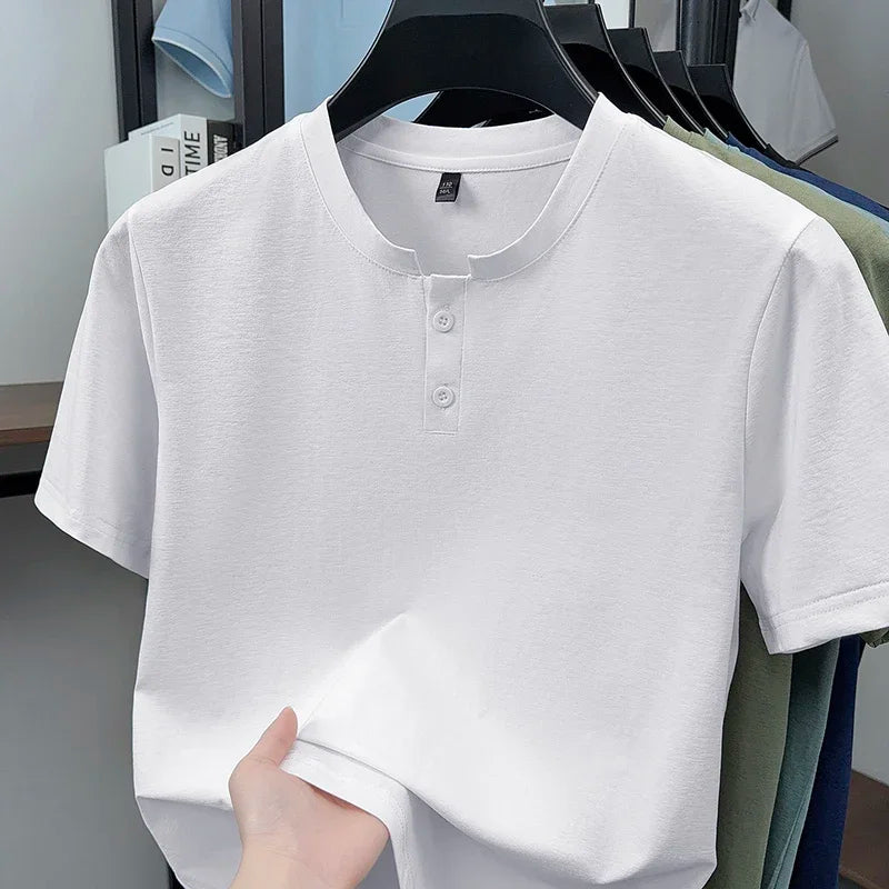 Men's Thin-Knit Henley - Two-Button Split Neck, Slim Elastic Fit