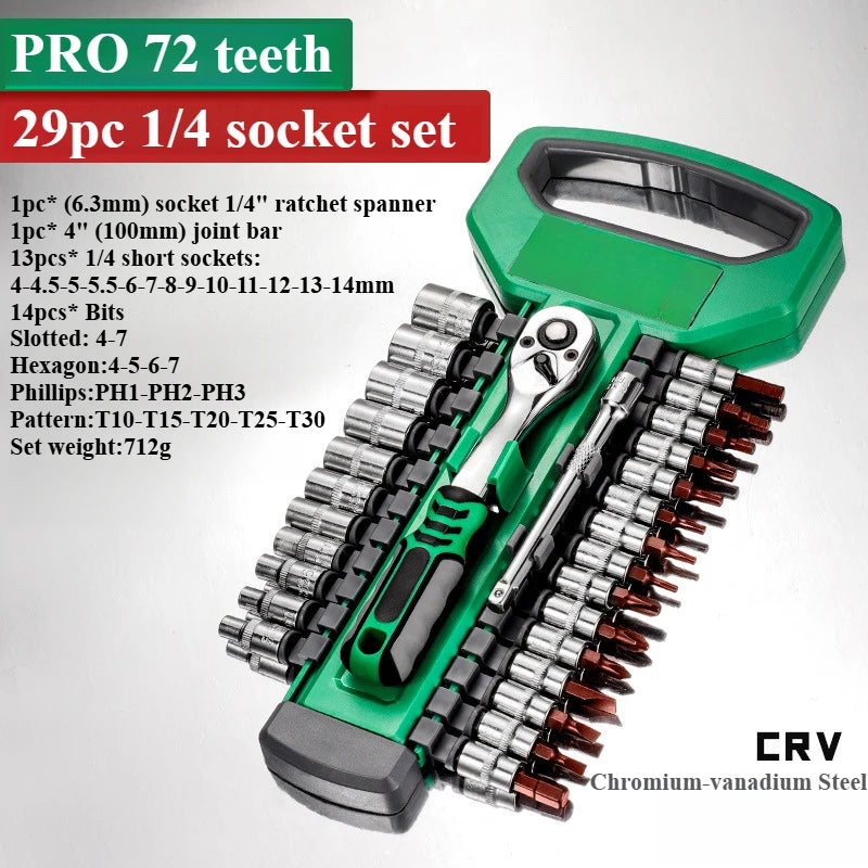 1/4 3/8 1/2 Inch Ratchet Socket Wrench Set 72Drive Motorcycle Car Repair Hand Tools Spanner Sleeves Head Auto Repairing Kit