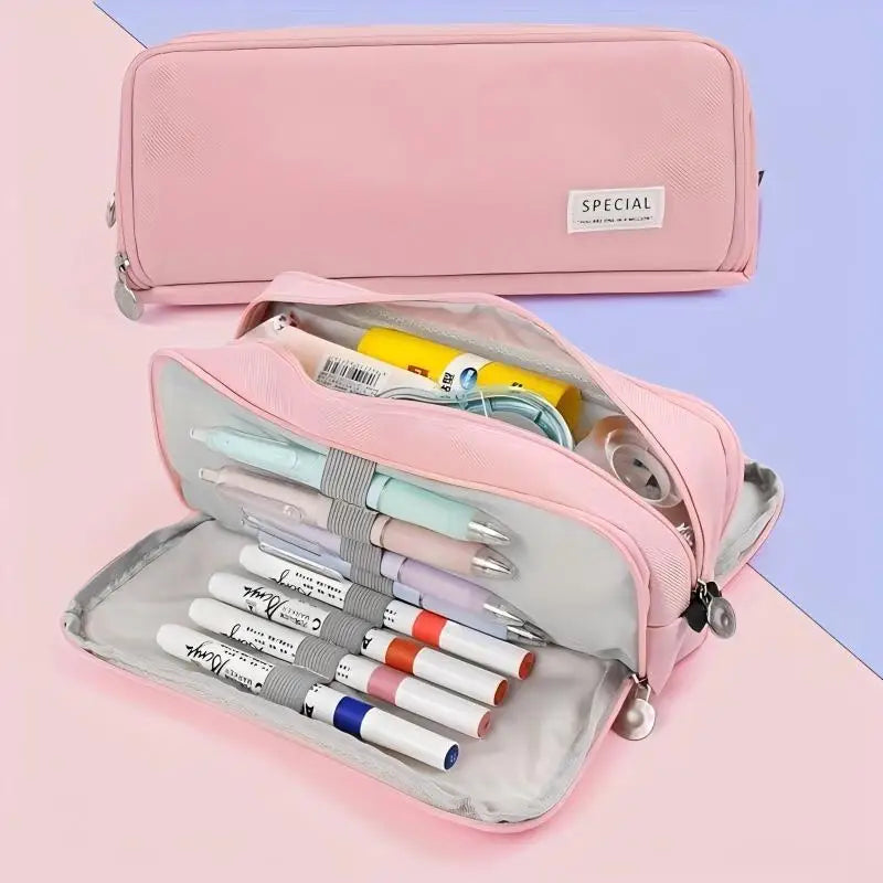 Pencil Case Large Space Storage 3 Compartment Pouch Double Side Opened Student Stationery Desk Organizer School Supplies