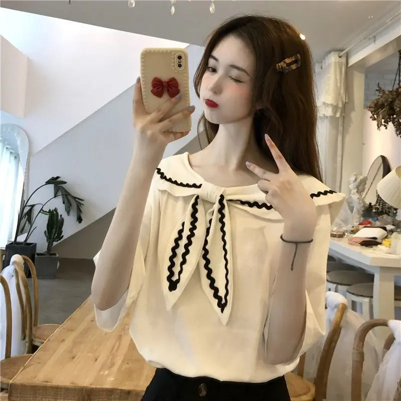 Sailor Collar T-shirts Women Baggy Kawaii Clothes Panelled Temper Designer Aesthetics Japanese Stylish Summer Vintage Футболка