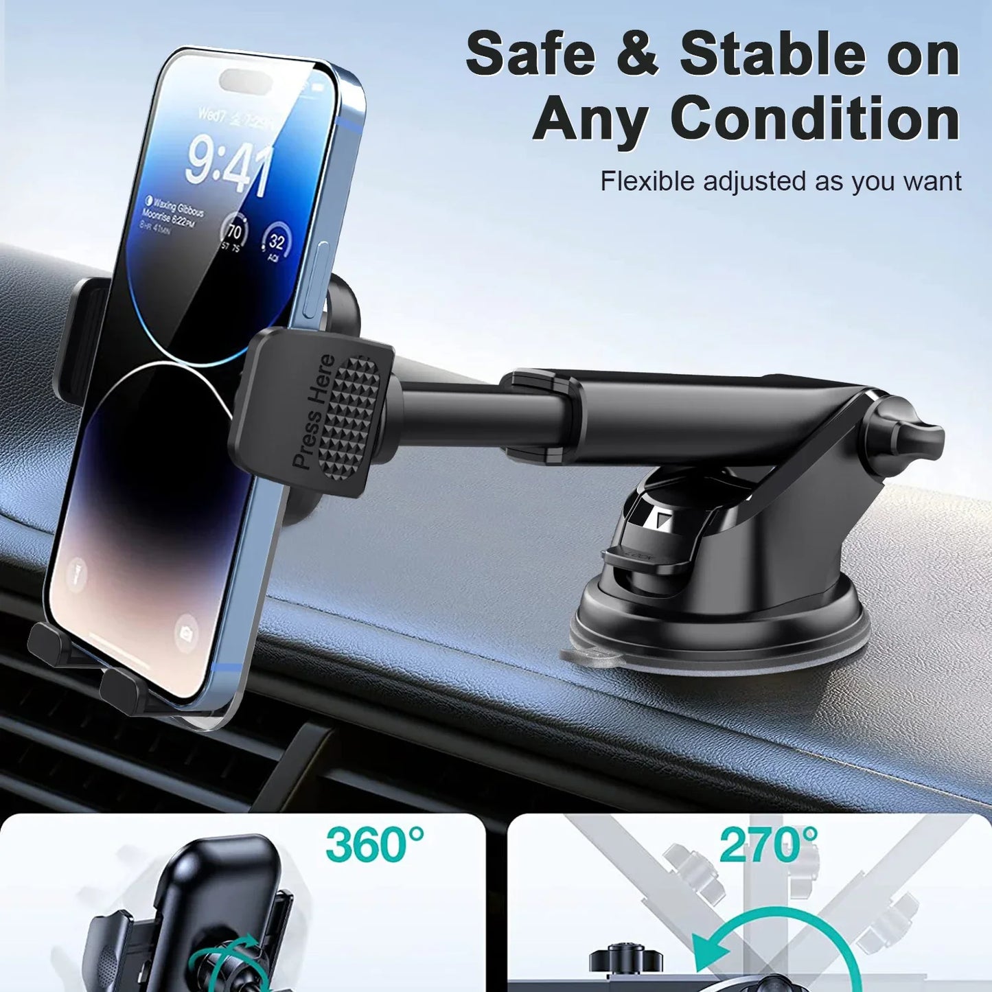 Car Phone Holder for Dashboard & Windshield – Universal Clip Mount for 4.7–7" Phones