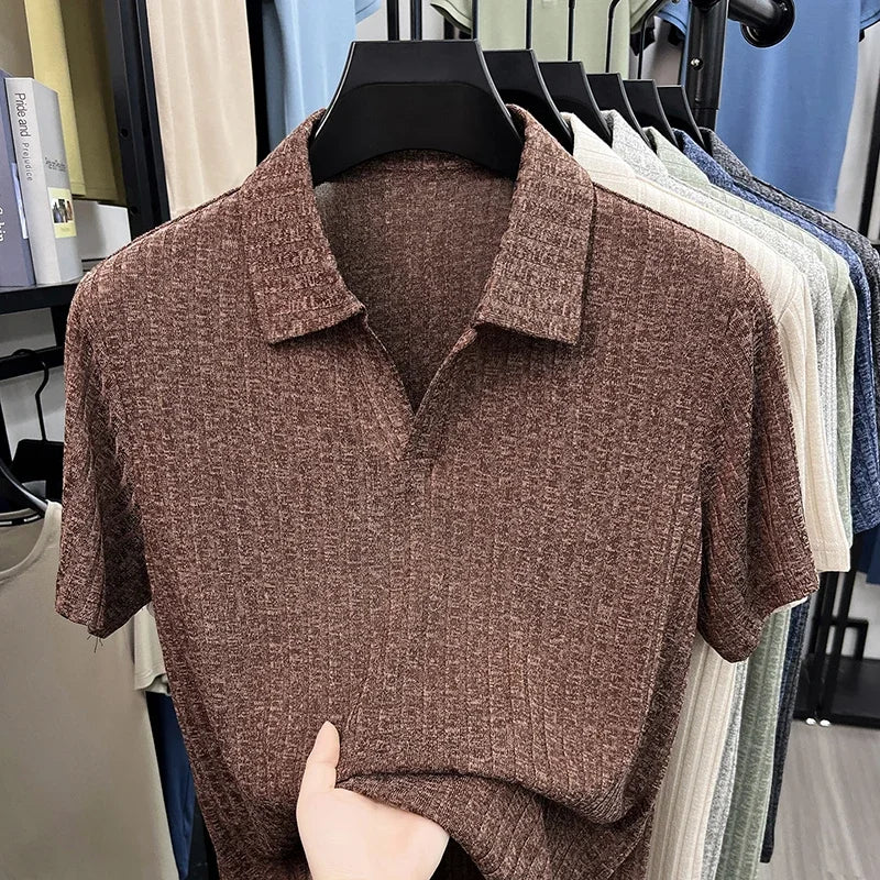 Men's Knitted Polo Tee - V-Neck Stripe, Lightweight Breathable