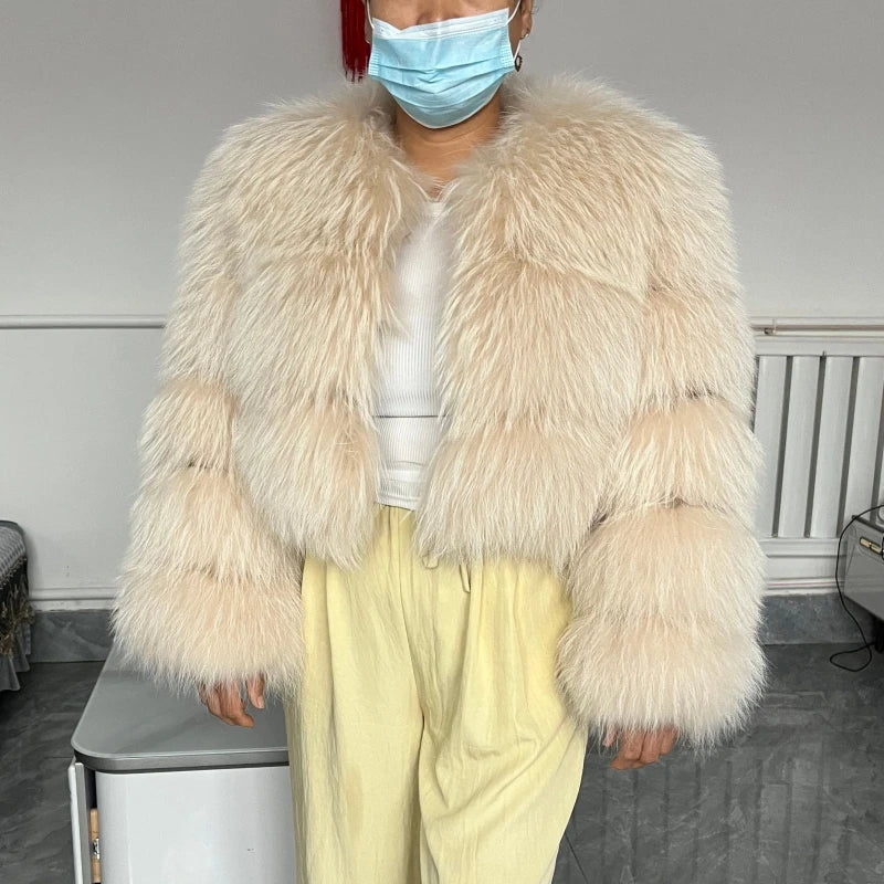 Women's Short Raccoon Fur Coat, Winter Jacket