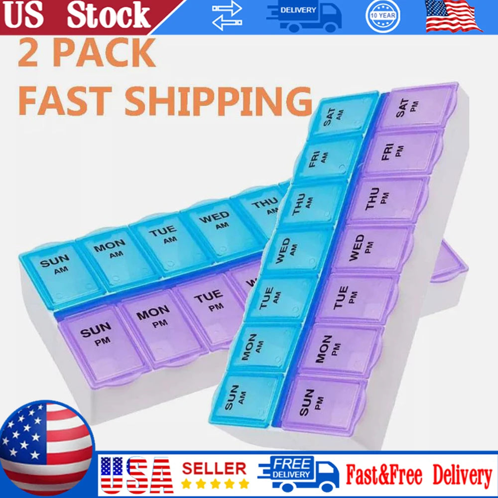 2PCS Weekly Pill Organizer - 14 Grids for Vitamins & Medicine