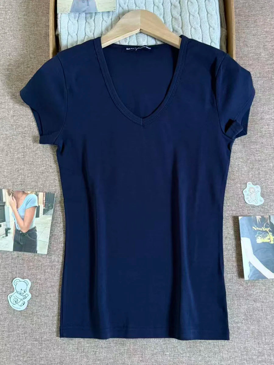Camouflage Thin Short Sleeve T-shirt Women V-neck Cotton Slim All-match Tee Shirts Female Streetwear Vintage Y2k Tops Summer New