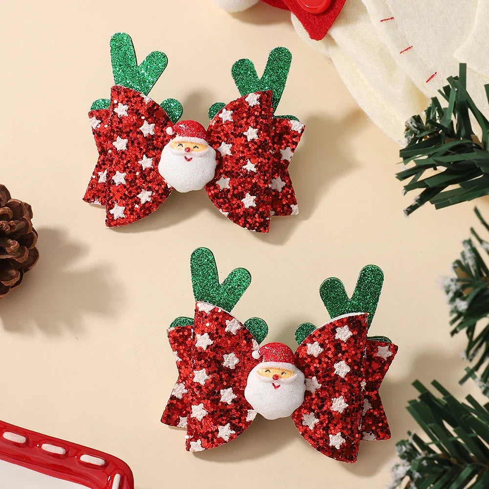 2Pcs/Set Baby Girls Christmas Hair Clips Glittle Bows with Antlers Santa Claus Snowflake Hairpin Shiny Headwear Hair Accessories