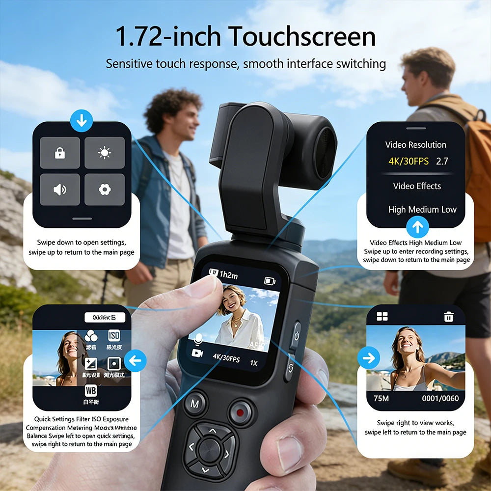 4K Handheld Gimbal Camera — 75MP AI Tracking Touchscreen Vlog Cam