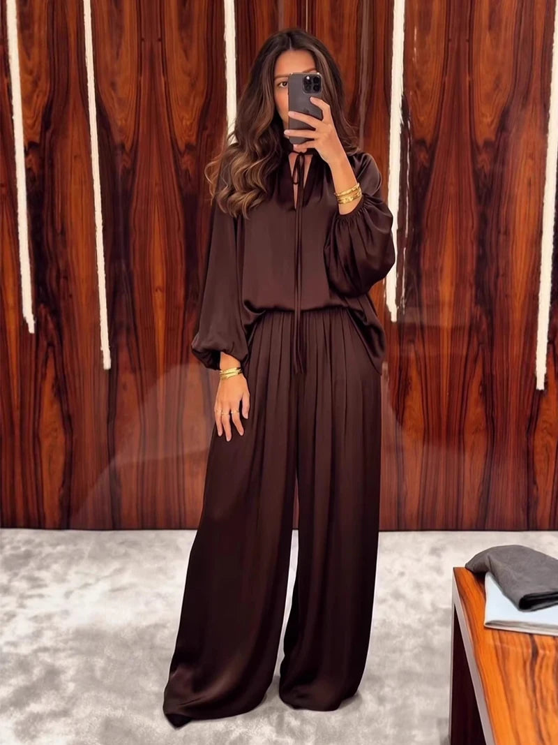Satin Lace-Up V-Neck Blouse & Wide-Leg Pants Set — 2-Piece