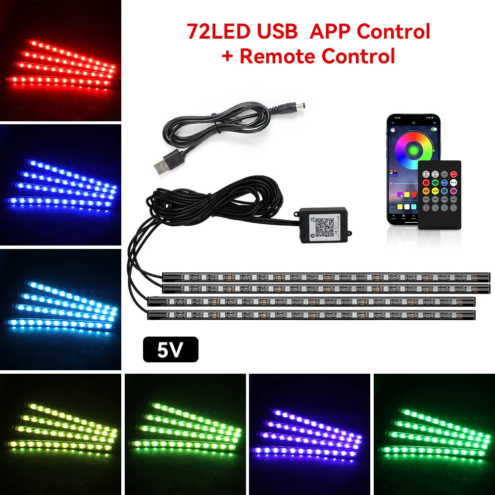 RGB LED Car Interior Ambient Light Strip – 36/48/72 LED Remote & App Music Control | USB or Cigarette Lighter | Atmosphere Foot Light