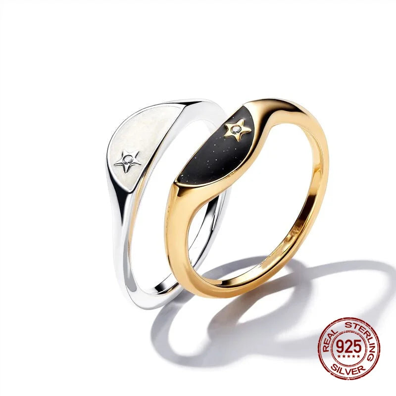 New in 925 Sterling Silver Sun and Moon Love Princess Zircon Oxide Enamel Heart Love Rings Fashion Fine Jewelry For Women Gifts