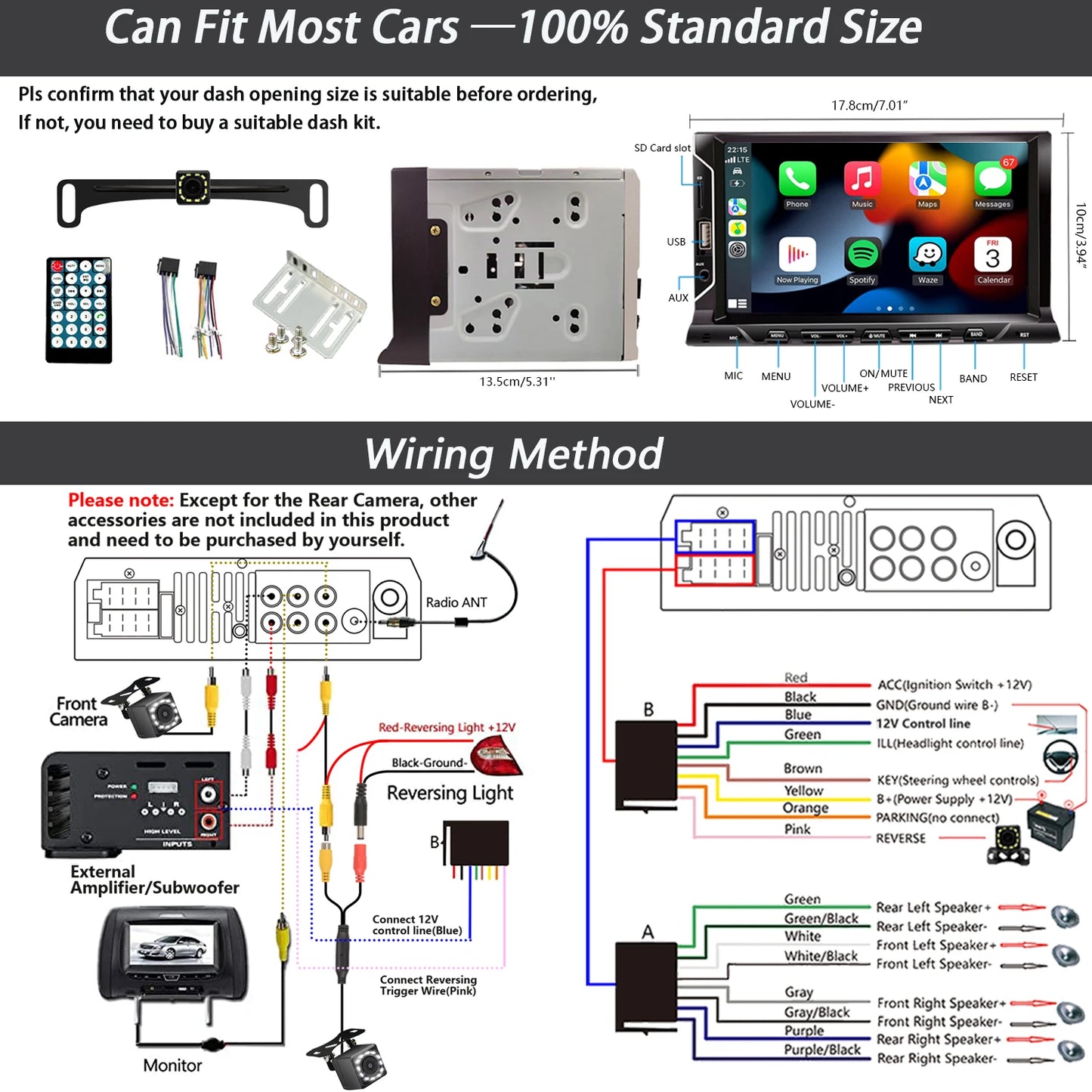 7" 2-DIN Car Stereo with Backup Camera — CarPlay, Android Auto, Bluetooth, Mirror Link, FM/AUX