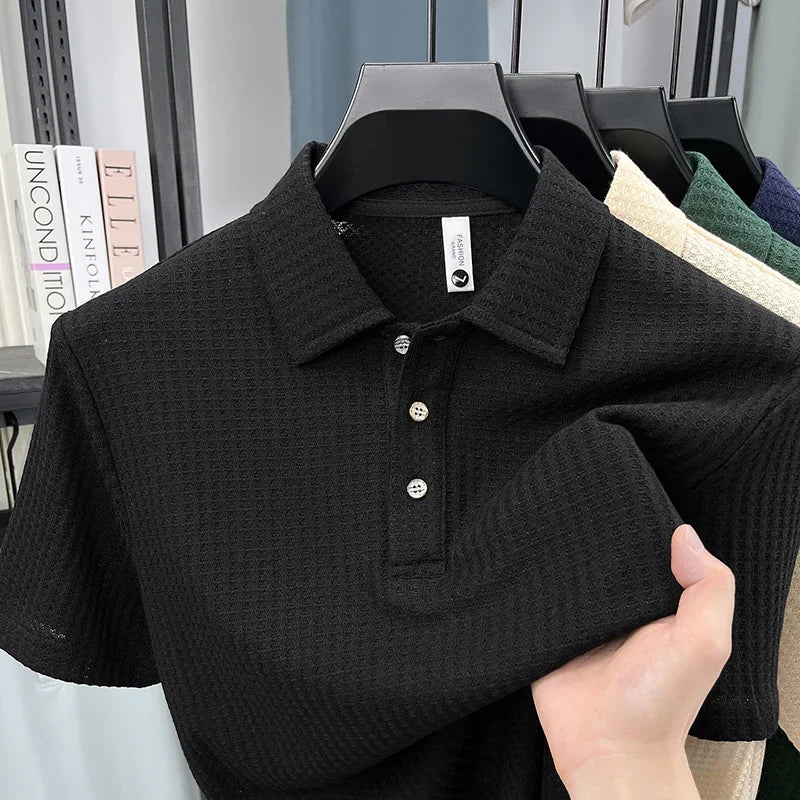 Men's Thin Waffle-Knit Polo - Slim Elastic, Three-Button Lapel