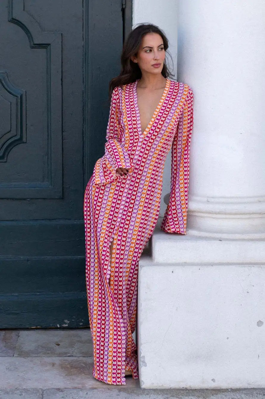 Crochet Colorful Stripe Flare Sleeve Maxi Dress Women V-neck High Split Sexy Lace Long Dresses 2026 New Beach Banquet Vestidos