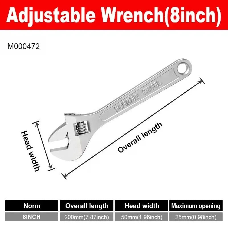 Openin Long Handle Universal Spanner  Adjustable Wrench Large Clamp Steel Mechanical Workshop Hand Repair Tools 6/8/10/12 inchs